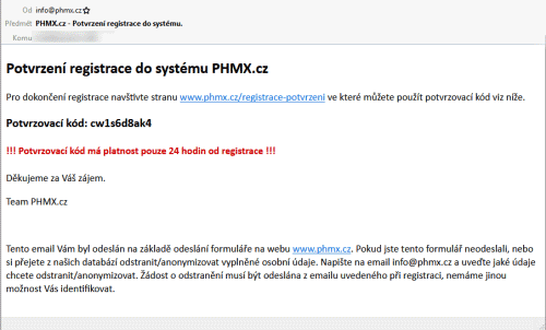 Email s kódem pro potvrzení registrace Registrace info